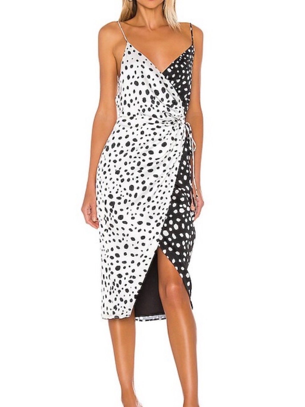 LPA Black & White Polka Dot Wrap Midi Dress
